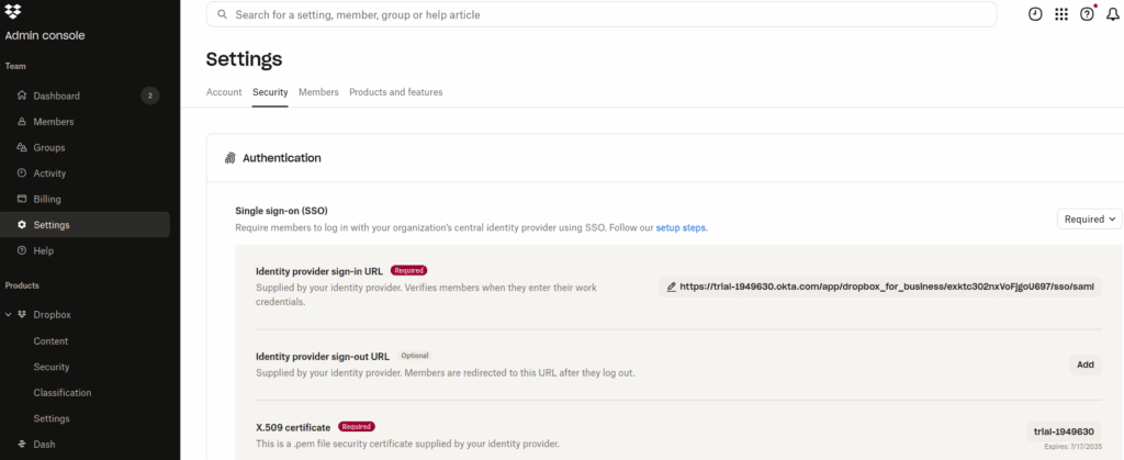 Dropbox Business  settings for saml 2.0