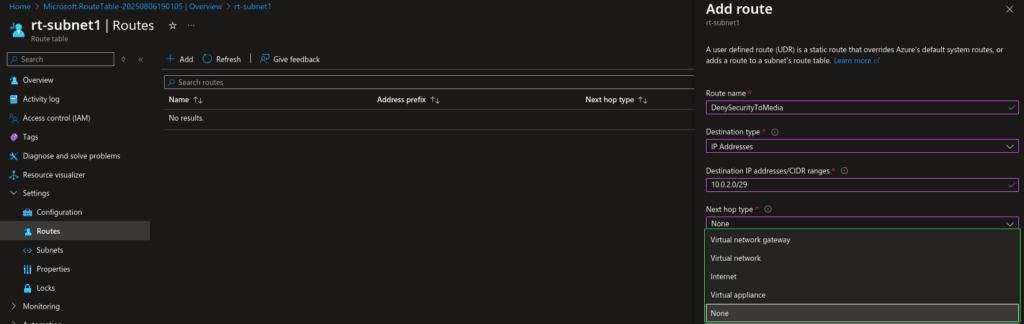 Add a route to the route table in Azure 